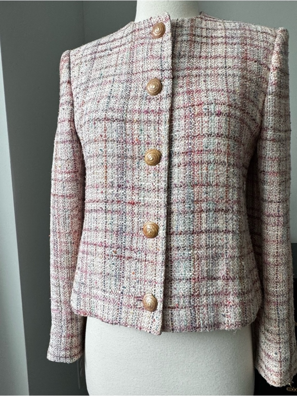 Classic Pink Tweed Button-Front Jacket